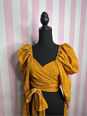 Unlisted Mustard Polka Dot Puff Sleeve Wrap Top